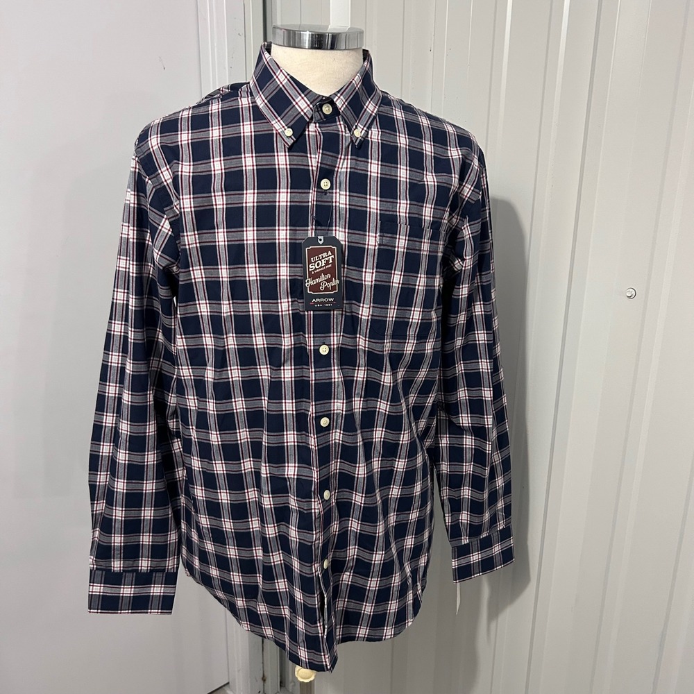 Arrow Hamilton Poplin Mens Large Blazer Plaid Wrinkle Free Button Down Shirt